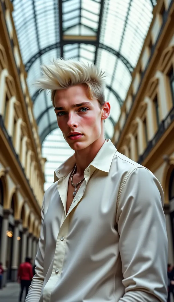 portrait of Very handsome white blond  ager wearing modern  summer expensive cloths  with punk hair style in Galleria Vittorio Emanuele II  in Milan.  realistic photo