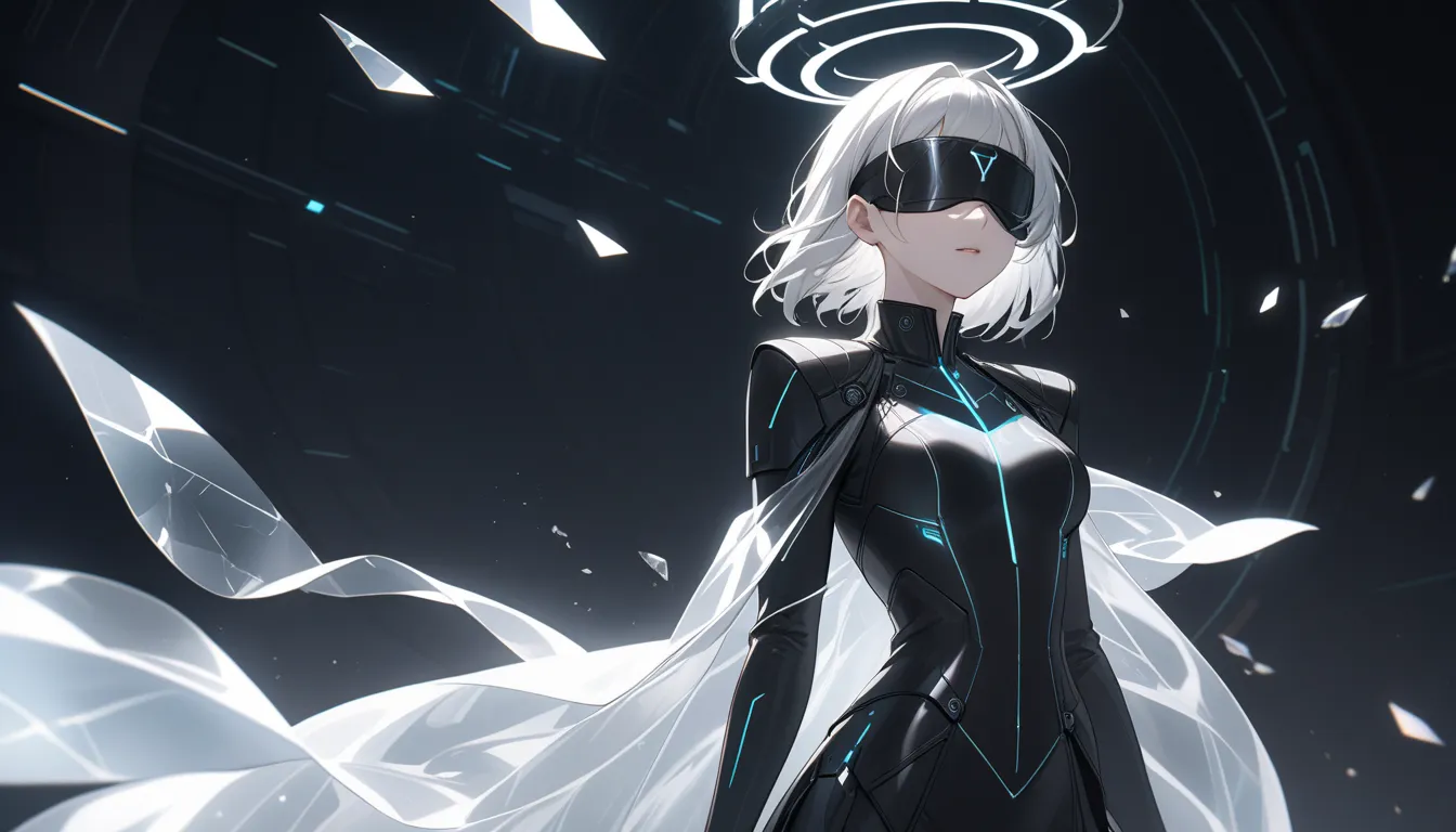 A mysterious girl with short, silver-white hair, wearing an elegant futuristic outfit made of translucent, crystal-like material. She has a glowing, shattered blindfold covering her eyes, emitting a soft ethereal light. A radiant, cracked halo of energy fl...