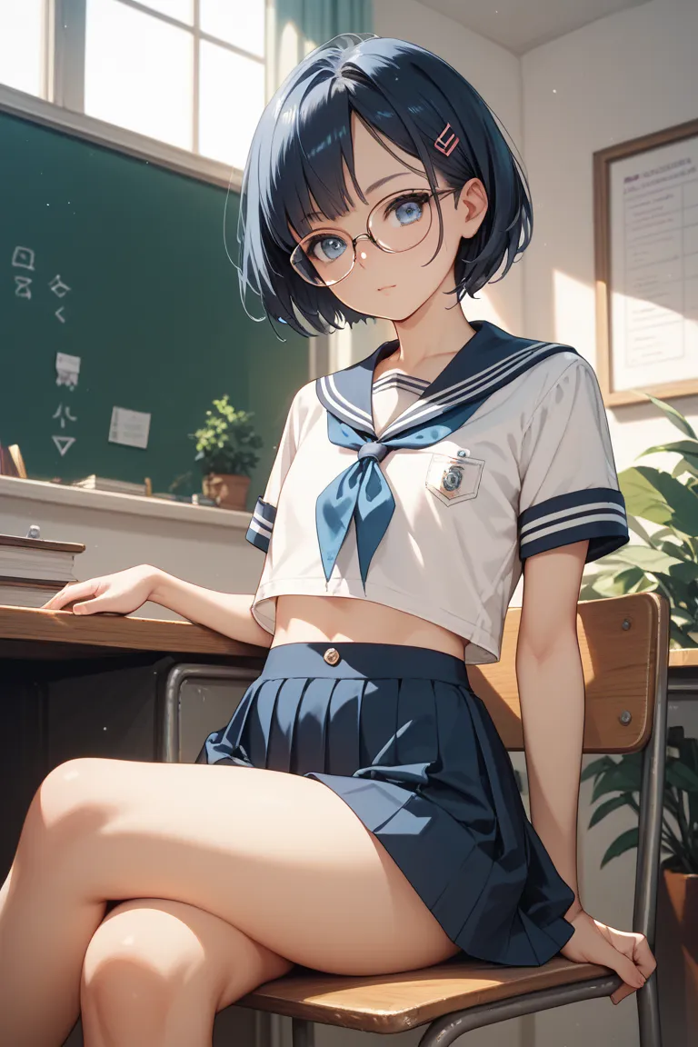 Anime style, female teacher with short hair, blue eyes, wearing sailor uniform with glasses, normal body with flat belly, thin thighs, flat chest, sitting on a chair with crossed legs, 
home room