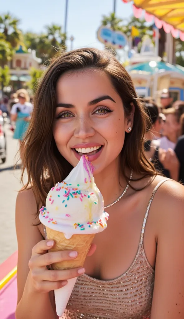 Woman at amusement park eating super happy ice cream.