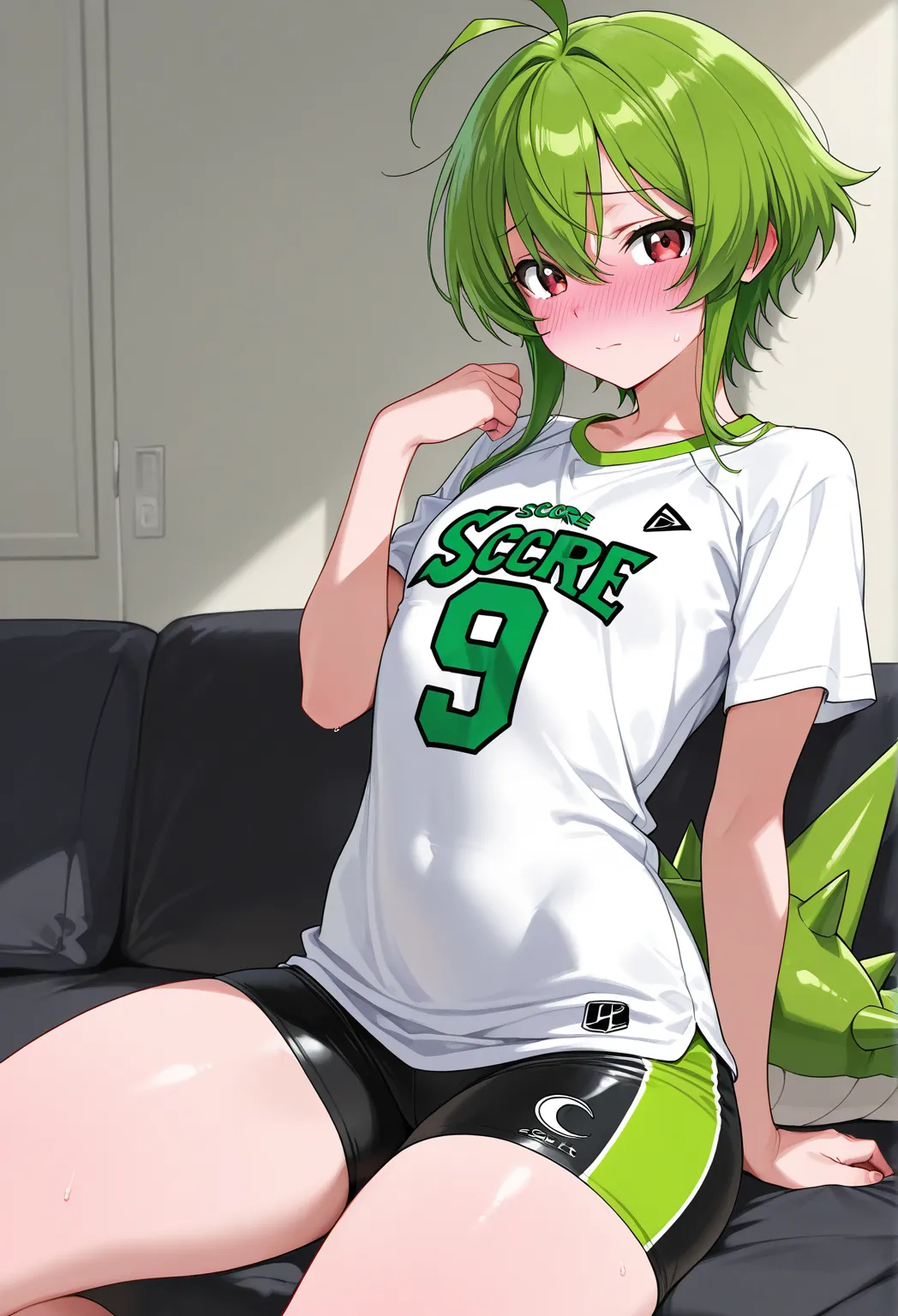 score_9, score_8_up, score_7_up, score_6_up, score_5_up, score_4_up, source_anime, source_femguy, best quality, masterpiece, 1 femguy, (blushing, looking at  the viewer, ) flat-chested, blushing (in embarassment), green long spiked hair, Lakers' Jersey T-s...