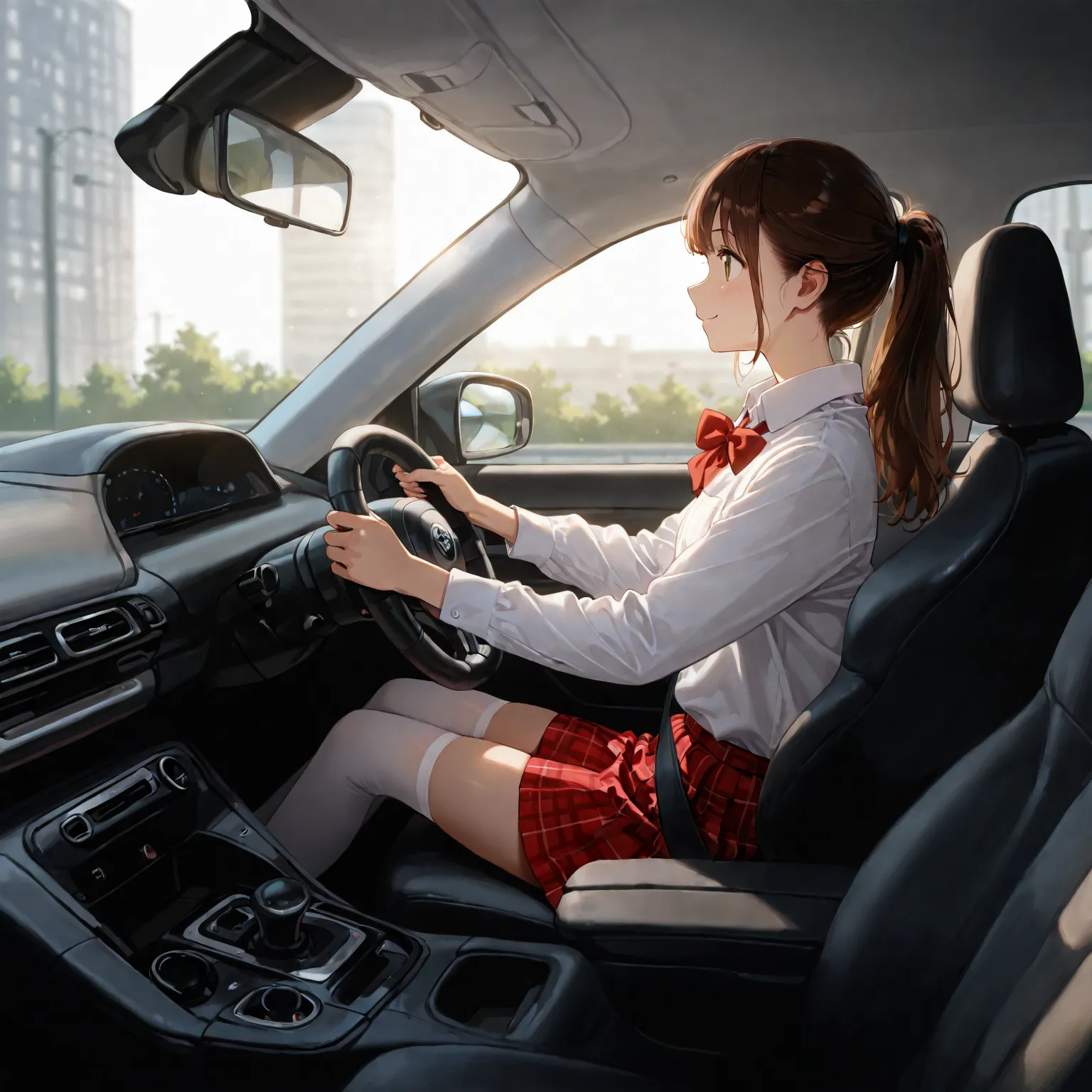 Masterpiece, hd, best quality, 2d, anime, 1girl, brown hair, ponytail, smile, wearing school uniform, wearing white collared shirt, wearing white thighhighs, red bowtie, red plaid skirt, Sitting, driving