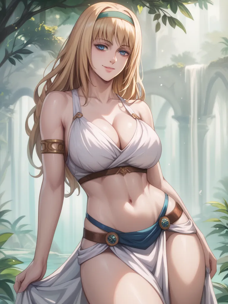 score_9, score_8_up, score_7_up, BREAK source_anime, ymir fritz, blue eyes, blonde hair, long hair, big breasts, cleavage, armlet, bare shoulders, hairband, straps clothes, primitve clothes, cleavage, exposed midriff,, smiling, wide hips, thoick thighs, na...