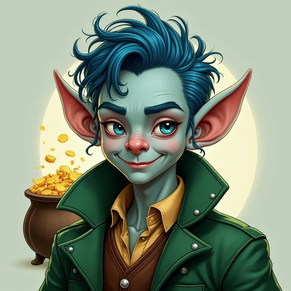 High detail digital illustration of a leperchaun wearing a green coat and a leather vest. He should be thin and wiry.  He should have a crooked smile and have a pot of gold in the background. Pointy Ears,Blue Hair, Medium Hair, Smile, Solid Blue eyes, Grin...