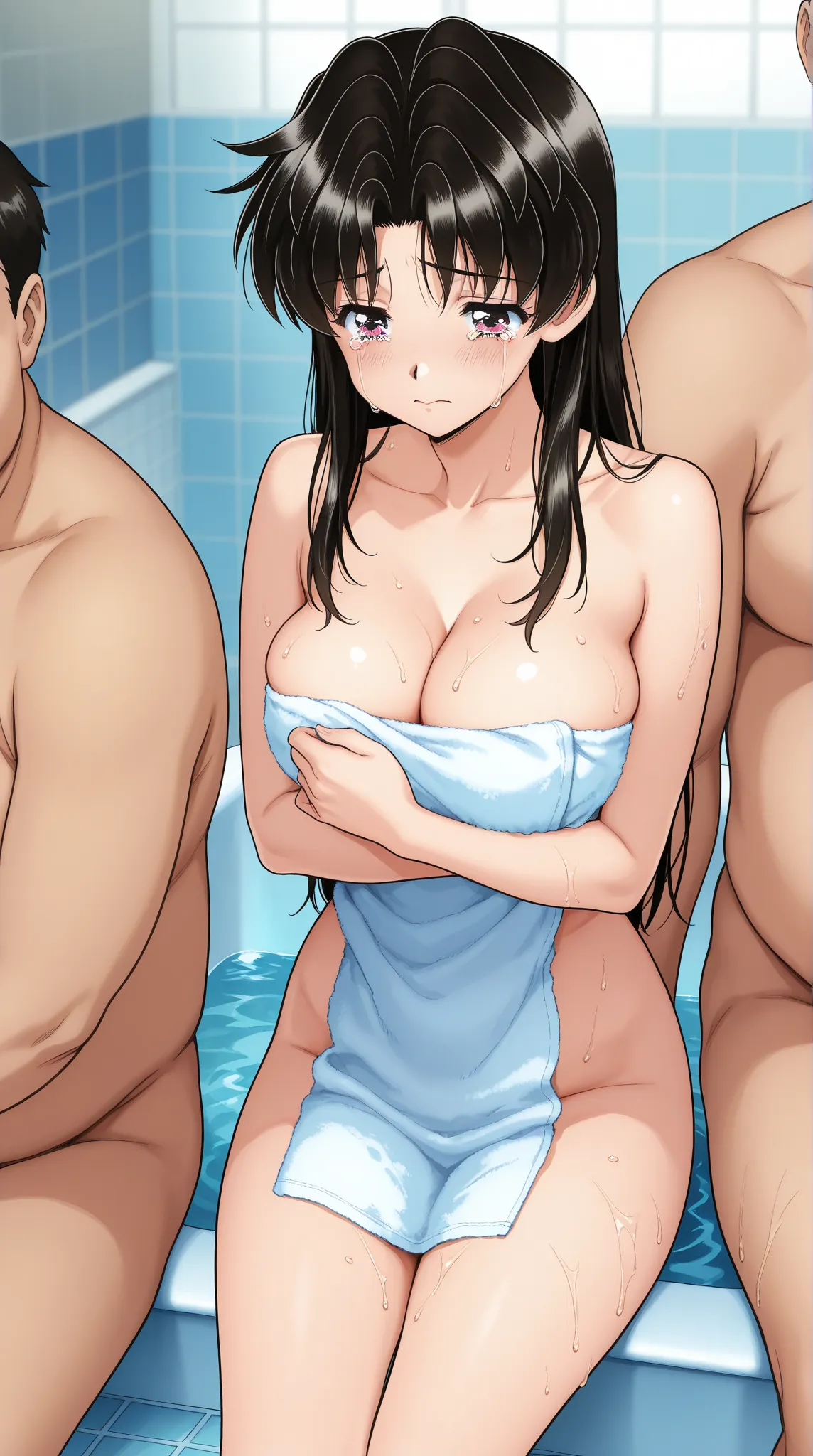  super high resolution, more details, best quality ,4K,nsfw,  An image of a woman taking a bath sandwiched between naked fat men on both sides、

  manga style  ,  Official Art,  1990s anime-style art   、

 allow depth of field,   beautiful and elaborate ba...