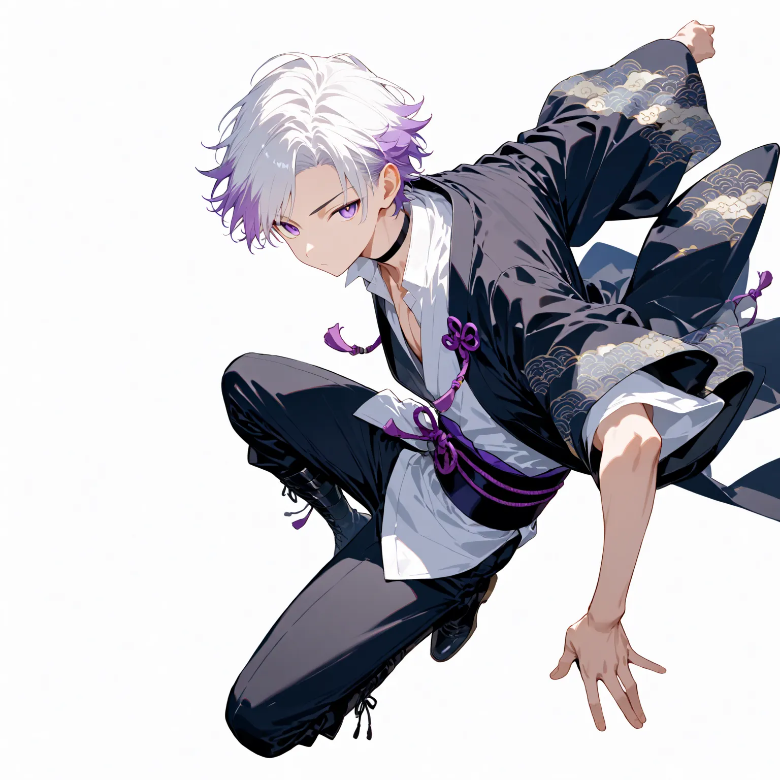 masterpiece, high score, great score, absurdres,
1boy,male focus,full body,posing,20-yo, クモイエイテル, toned,twink,white hair, side-parted, lilac highlights,black haori,white kimono,cloud pattern,black choker,open collar shirt,purple knot,black obi,hurisode,bla...