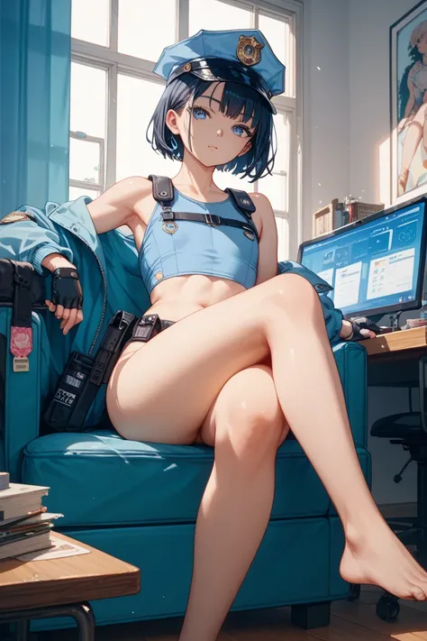 Anime style, policewoman with short hair, blue eyes, normal body with flat belly, thin thighs, flat chest, sitting on a chair with crossed legs, 
home room