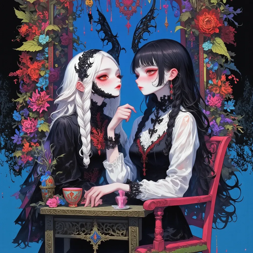 (masterpiece,top quality:1.2),Washi paper drawing\(Japanese paper drawing),two thin girls are talking,gazing each other face,one of the girl\(black short hair,her hair up,white maid headband,one red rose shaped hair accessory,open her eyes,sharp eyes,gazin...