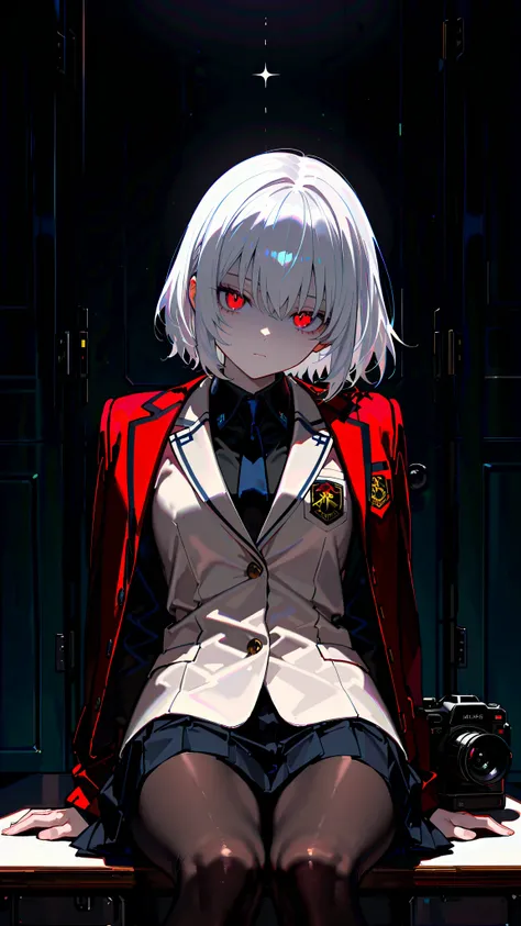 masterpiece, best quality, ultra detailed, score_9, score_8_up, score_7_up, score_6_up, score_5_up, score_4_up, 1girl, masterpiece, best quality, ultra detailed, short hair, white hair, black pleated skirt, black shirt, long sleeves, ((two blazer in image,...