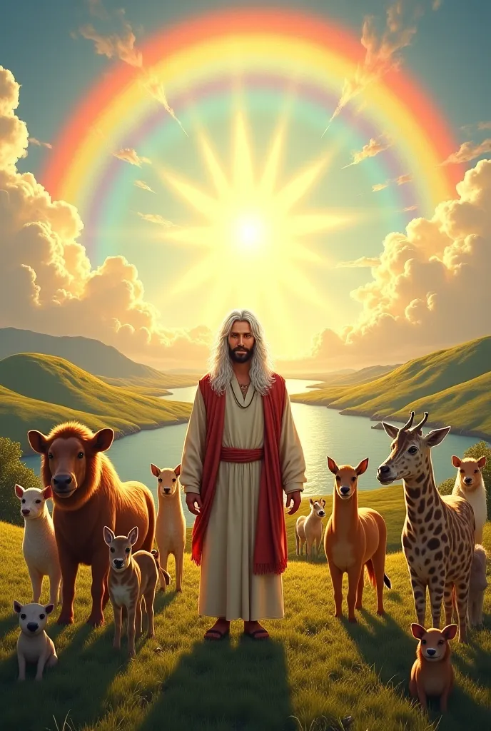  White-haired Noah smiling with the surrounding animals and the rainbow shining in the sky.  
