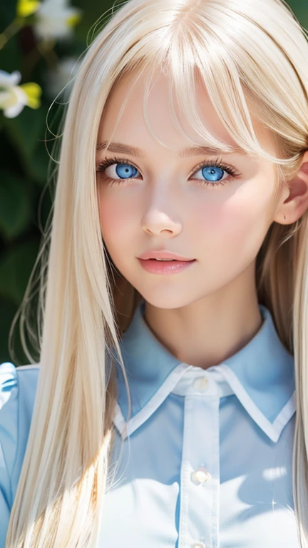 portrait、A stunning blonde beauty、School uniform、 bright expression 、ponytails for beautiful people、 young, shiny, radiant white shiny skin、Gloss Face、Cheek Gloss Highlight、The best beauty、Reflected light on bright blond hair 、 platinum blonde hair with da...