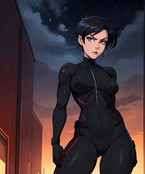 masterpiece, best quality, grown woman, wearing a blkwidow attire, Lois Lane, beautiful face, cute face, pretty face, sexy face, beautiful grey eyes, pretty eyes, black lipstick, attractive female, sexy body, very short black hair, tomboyish hairstyle, gre...