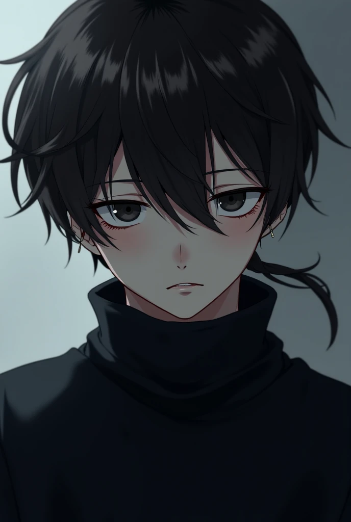 Generamr a dark brown-haired anime boy tied in a ponytail with black eyes who wears a black turtleneck sweater and has white skin