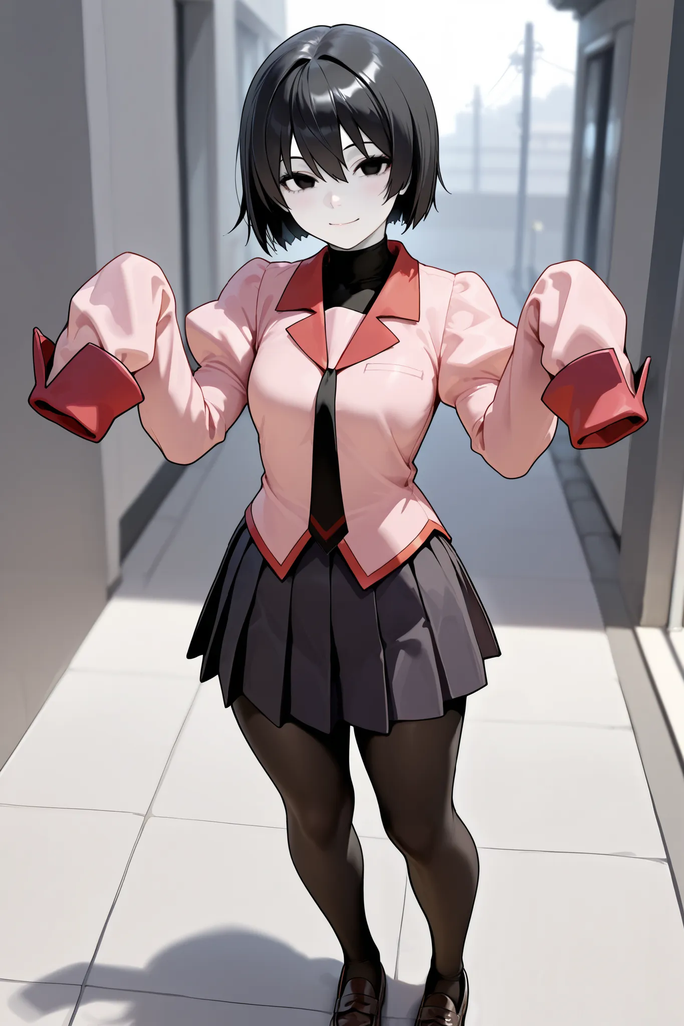  masterpiece, highest quality, High Resolution,uncorrected,oshinodef , pale skin, bob cut, naoetsu high school uniform, pink shirt, turtleneck, black necktie, long sleeves, sleeves past fingers, puffy sleeves, black undershirt, black skirt, pleated skirt, ...