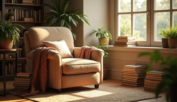 Cozy Reading Nook: "A cozy reading nook by a window, with a comfortable chair, a warm blanket, and a stack of books, bathed in soft, natural light."