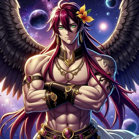 muscular male character with long crimson hair with golden flowers with intense green eyes, with black wings with gold chains with purple details, shirtless but with long black pants ancient Greek stylized with white leather belt ancient Greek stylized, in...