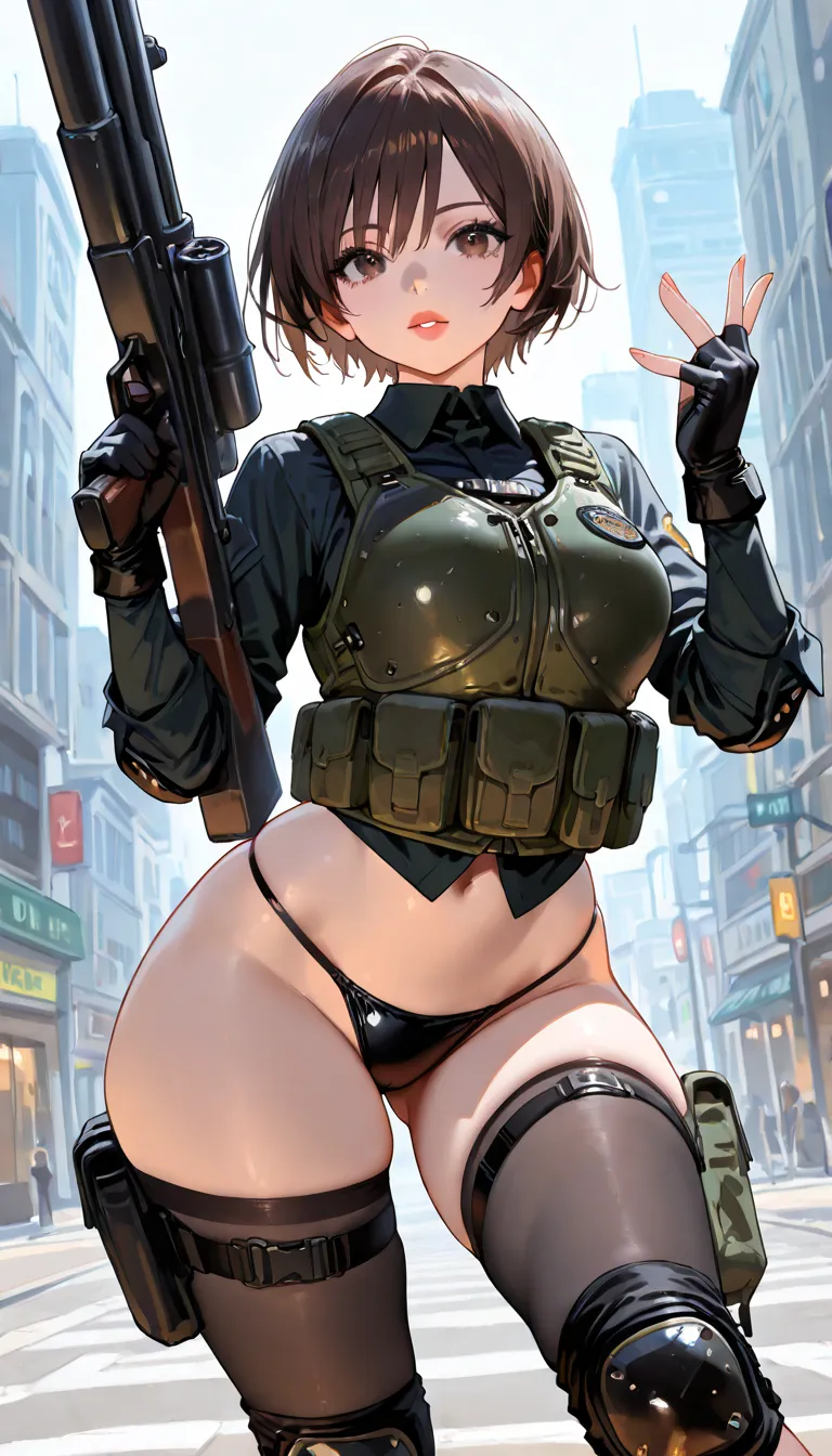 (Masterpiece,Very detailed 2.0), Beautiful Lady, (Dark Brown short hair), Dark Brown eyes, Dark Green vest, Black Chest pads, Black Bikini, Black short Gloves, Holding a Big gun, Dark gray lace stockings, Black knee pads, Very wide lips, (Very wide hips), ...