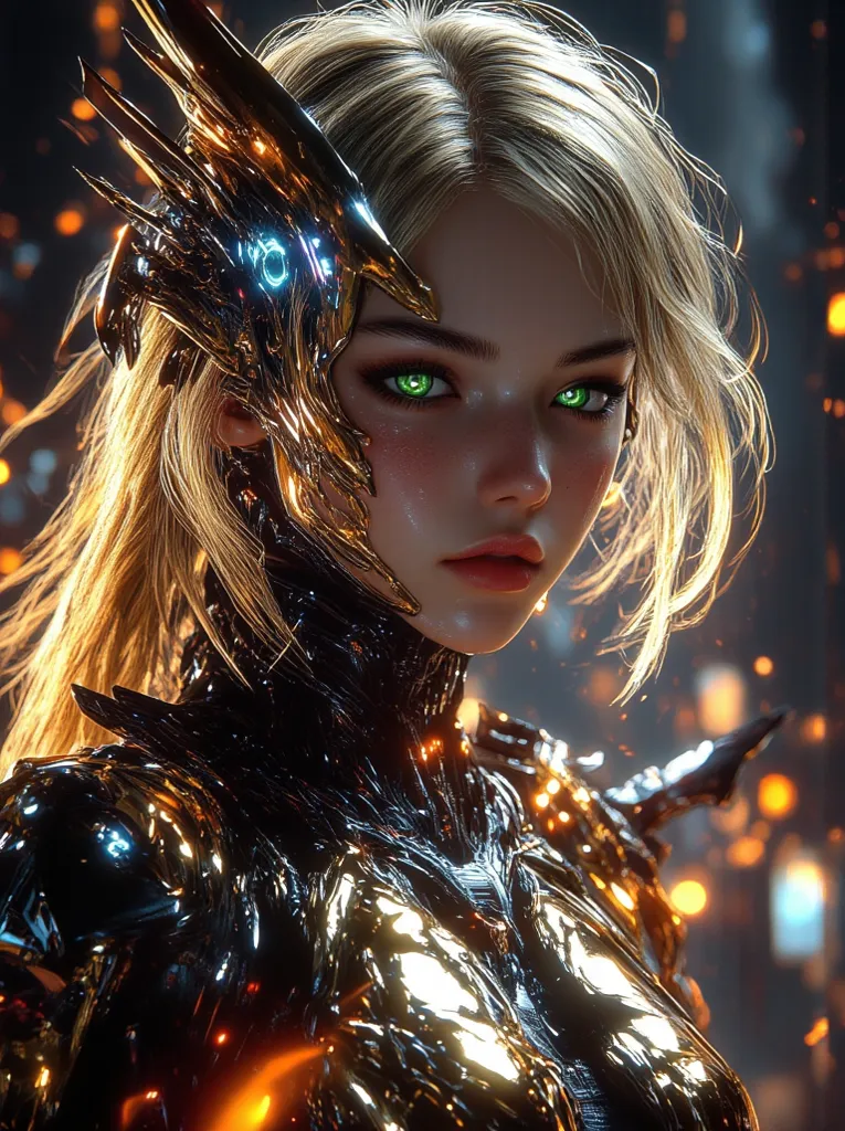 Fire Magic　full body shot、 full body shot、I can see a beautiful face in its entirety、Face visible 、very detailed,  high quality,  High Resolution, 4K.16k,  golden hair and green eyes , BEAUTIFUL ORANGE LIPS ,   metallic cyborg humanoid  ,  and looks just l...