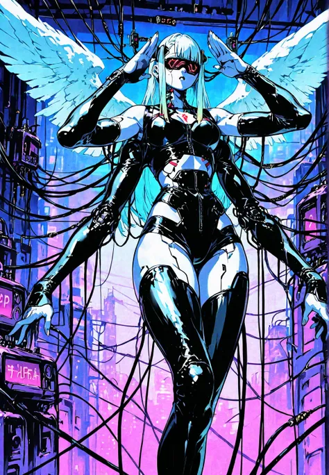 front view: Angel girl, white skin, white wings ,  four arms ,  extremely long legs,  latex costume,  robotic circuits , breasts, devices futuristic,  (( suspended by electrical cables ))(gorilla pose), circuits, . Background: cyberpunk city. dark atmosphe...