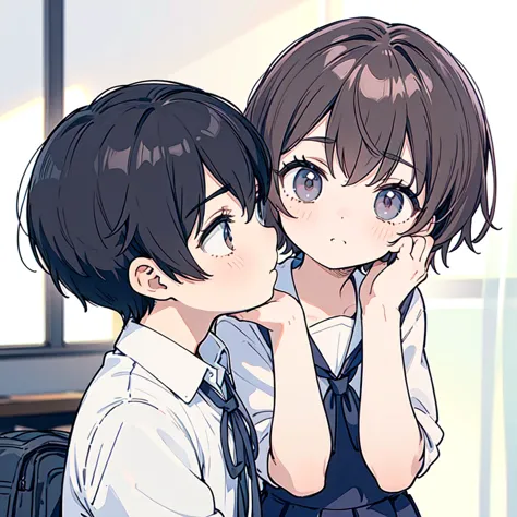 (highest quality),(Illustration of a high school boy and girl staring at each other:1.2),(boy in school uniform:1.1),Girl in sailor suit,indoor background,upper body,(Blurry background),Dark Hair,,Duo,(hand on another’s cheek),Atmospheric perspective, Over...