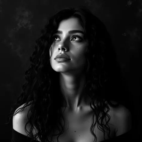 Cinematic photography, eye-level view of a young woman with long, disheveled black curly hair cascading over her bare shoulders. Her skin is pale, contrasting sharply with the dark, matte background that resembles a surface covered in black soot. She gazes...