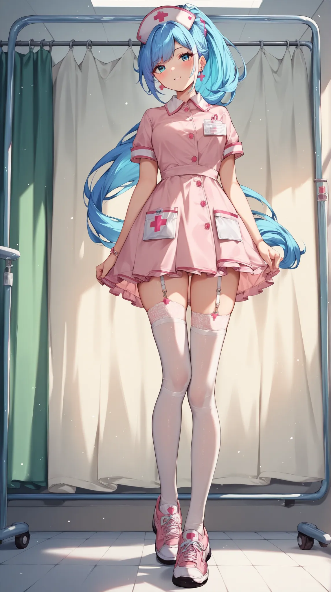  Fraction _9,  Fraction _8_up,  Fraction _7_up,  Fraction _6_up,  Fraction _5_up,  Fraction _4_up,  Disconnect Source _animation, 1girl ,pink dress,pink nurse's outfit,snow stockings,sneaker,standing,whole body, semi-long hair,ponytail,aquamarine hair,from...