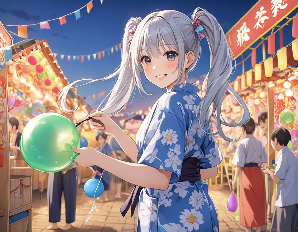  long silver hair 、beautiful girl with twin tails、smile、Wearing a yukata、They're playing with yo-yo scooping water balloons at the fair at dusk、