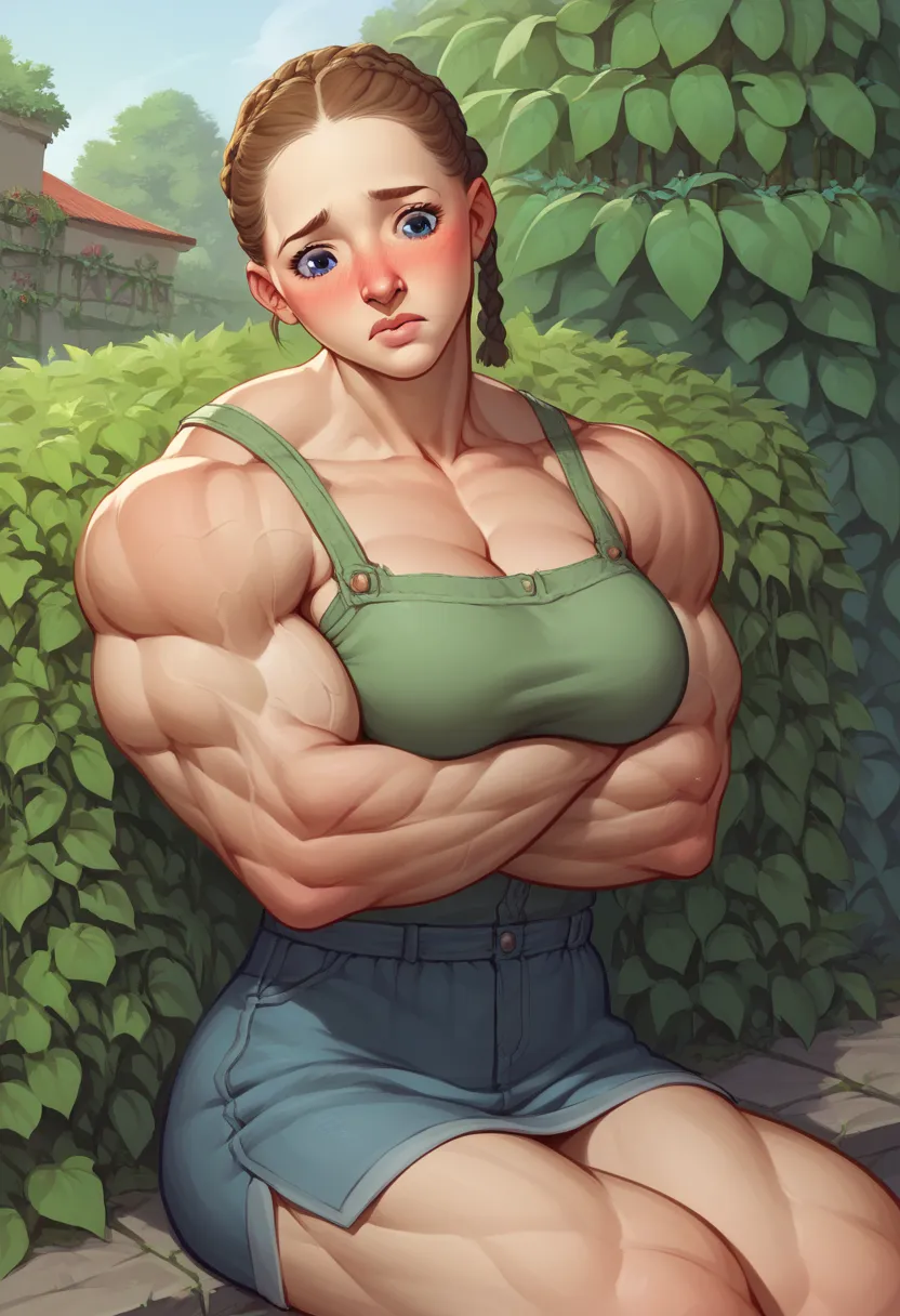 score_9, score_8_up, score_7_up, score_6_up, score_5_up, score_4_up BREAK source_anime, exmu, extreme muscular, cute kawai 1girl, shy, nose blush, sitting, crossed arms, looking down, head tilt, grapevines, garden, outdoors, cowboy shot, 