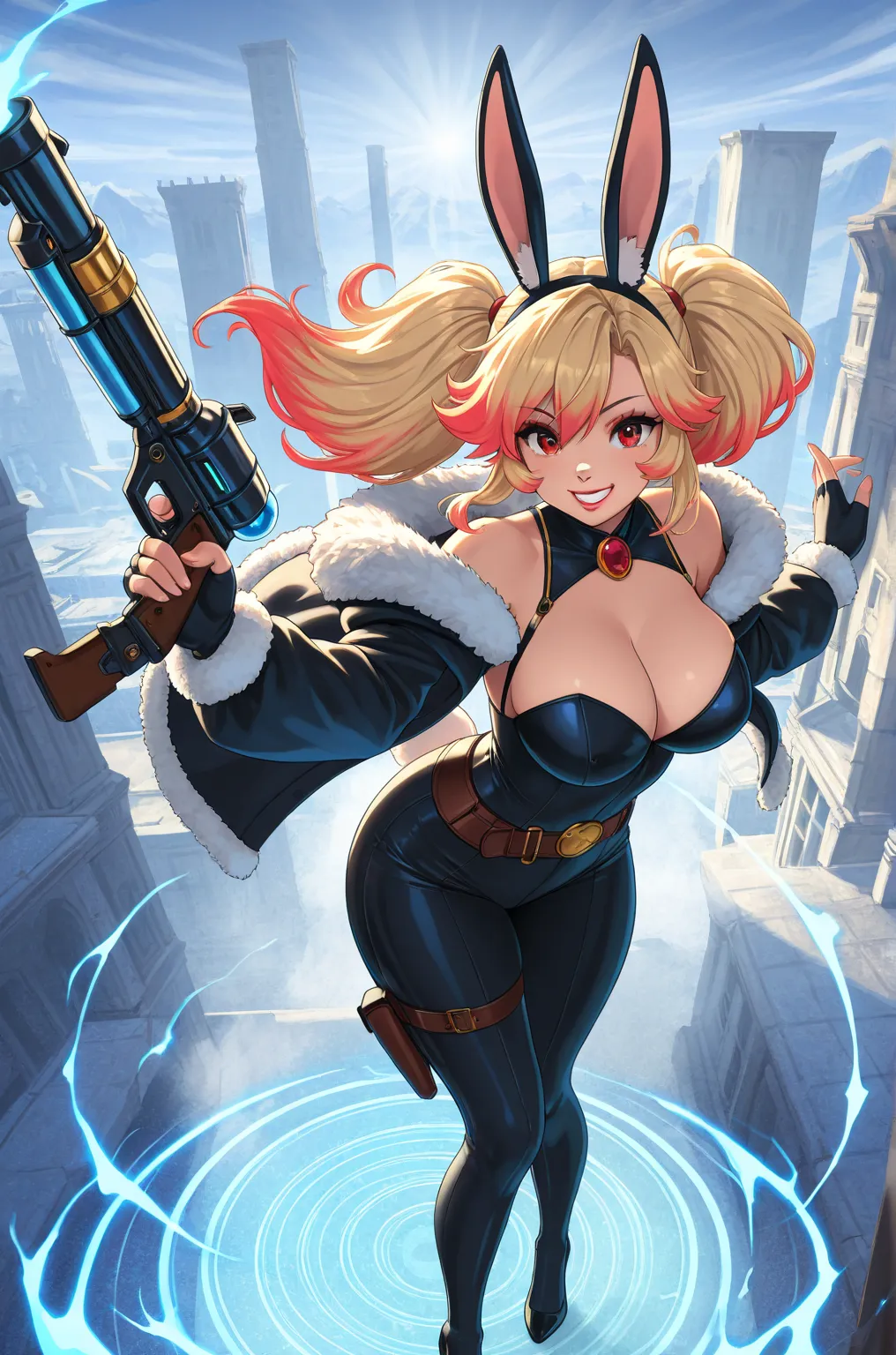 1girl, weapon, gun, holding_gun, holding_weapon, holding, fake_animal_ears, energy_gun, long_hair, animal_ears, rabbit_ears, fur_trim, ray_gun, fingerless_gloves, blonde_hair, red_lips, gloves, teeth, multicolored_hair, breasts, (masterpiece, anthropomorph...