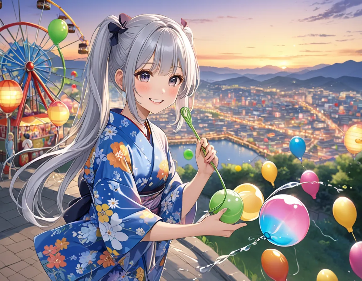  long silver hair 、 beautiful girl with a twin-tail hairstyle、smile、 floral yukata on a hill overlooking the city、They're playing with yo-yo scooping water balloons at the fair at dusk、