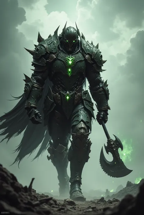 A Mutant Warrior holding a green glowing war axe on his shoulder, wearing black and dark green armor, walking, radioactive wasteland background, black cape, fog, dark scene, cinematic, FredFraiStyle
