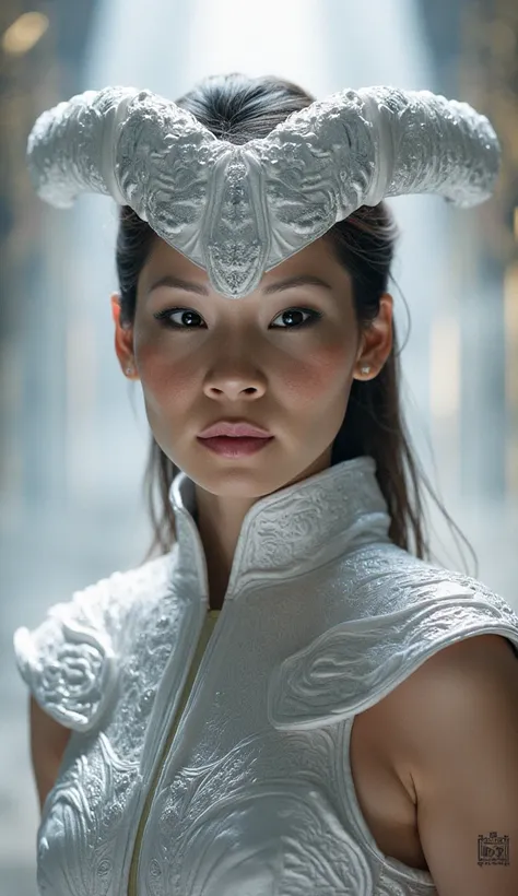 Here's a detailed prompt to generate a super realistic image of Alexandra Daddario as Ashrah, with her shiny white metallic outfit, in addition to her shiny white metallic hat: "Hyper-realistic close-up of Alexandra Daddario as Ashrah, the redeemed demonic...