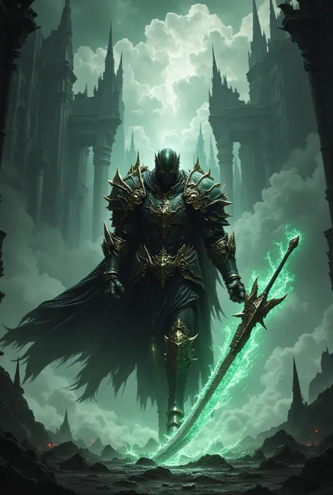 A Fallen Angel holding a green glowing flaming sword on his shoulder, wearing black and dark green armor, walking, stormy ruins of a celestial city background, black cape, fog, dark scene, cinematic, FredFraiStyle
