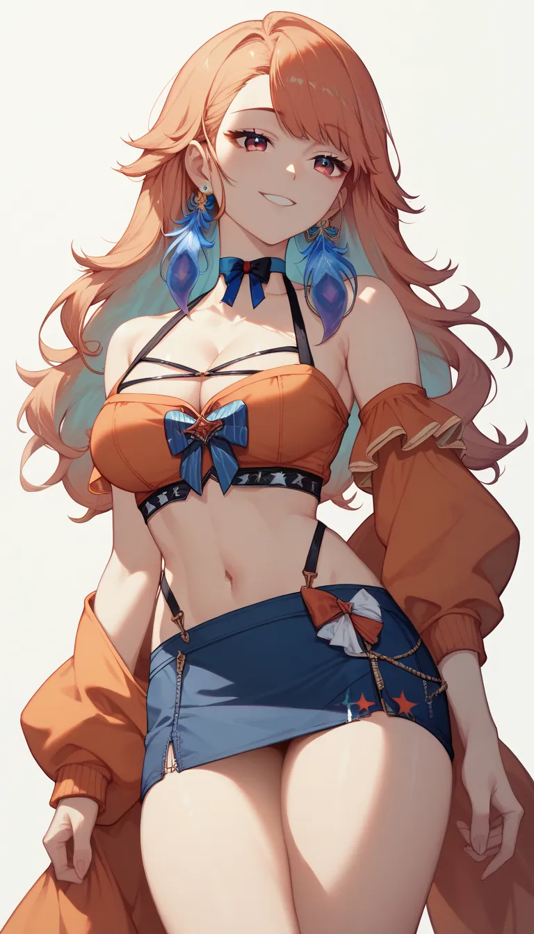 1 girl (masterpiece) perfect face, expressive eyes, KiaraBase, long hair, feather earrings, ribbon choker, takana_fes_ara, soft smile, small orange top, cleavage, Blue mini skirt, thighs, midriff, bare shoulders (revealing clothes, naked) (white background...