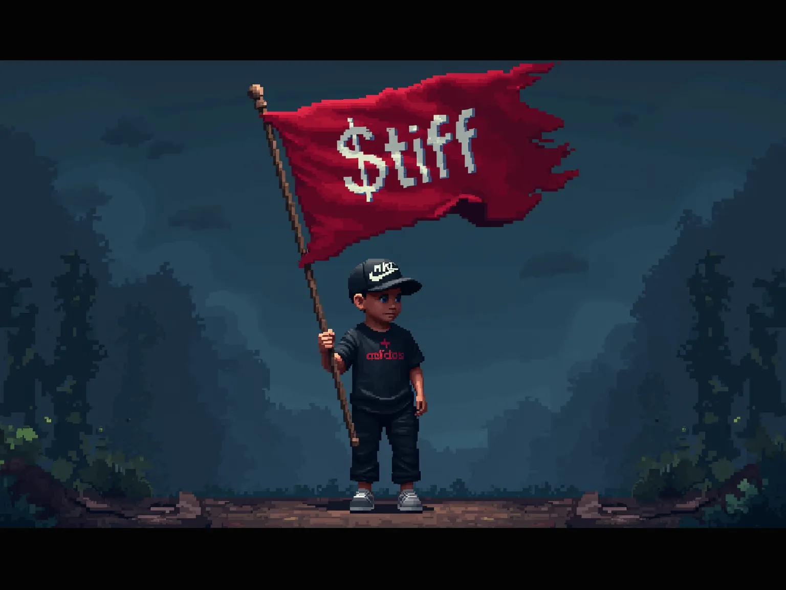 In pixel art style A small guy with black nike hat and Adidas dresscode  holding flag with   inscription  "
$ TIFF
" in a catchy font  ultra-detailed, 8K, high resolution, photorealistic, cinematic lighting, moody atmosphere , unreal engine 5 