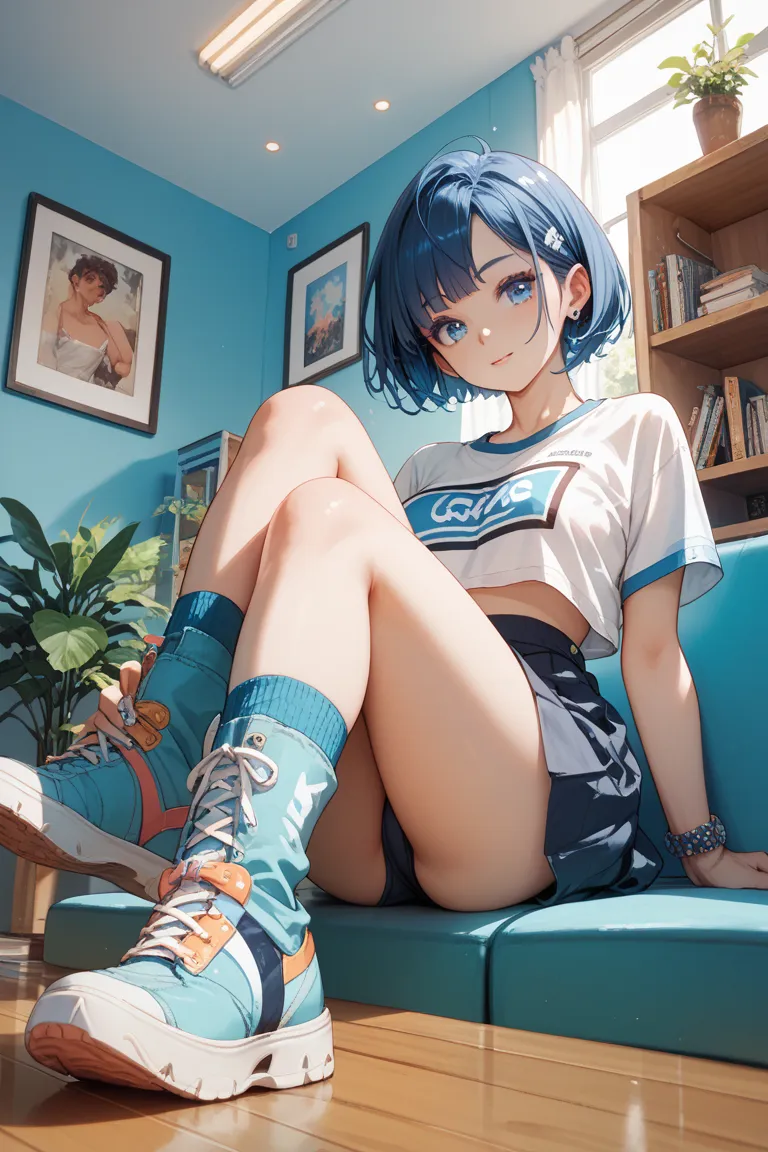 Anime style, gals with makeup, short hair, blue eyes, normal body, sitting on a chair with crossed legs, 
home room