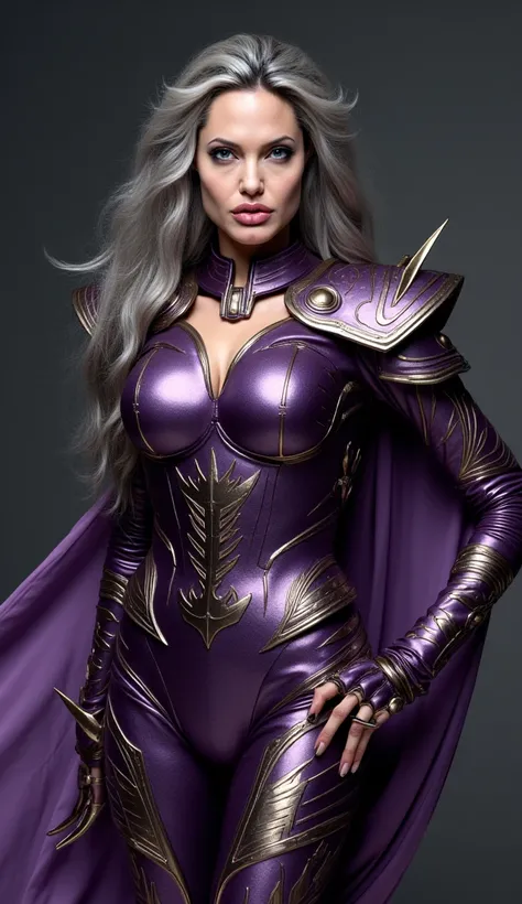  Here is the detailed description of  ** Angelina Jolie like Sindel ** in a hyper-realistic style:

Angelina Jolie emerges as a majestic version of Sindel, with an intense and penetrating look, exuding grandeur and power. Her long silver hair flows like a ...