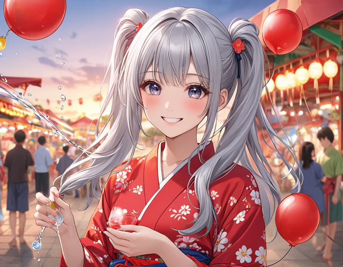  long silver hair 、 beautiful girl with a twin-tail hairstyle、smile、I'm wearing a red floral yukata、I'm playing with yo-yo scooping water balloons at the fair at dusk、