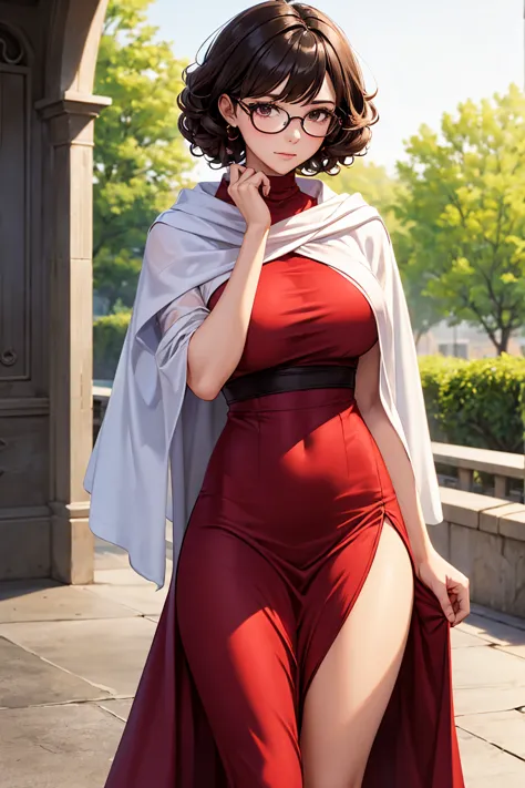 Busty curly dark haired young woman wearing a red thigh length flowy spring dress with a white shawl over it.   She’s wearing thin metal glasses