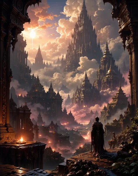 hyper realistic and highly detailed, highly dynamic cinematic panorama view, the serenity of light, a classic gothic baroque fantasy art painting with vibrant colors, digital artwork, illustrative, painterly, matte painting, highly detailed,  atmospheric h...