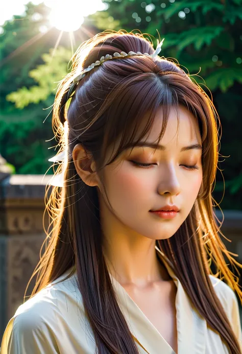  ポニーテールの長髪の女性の石像、 long bangs in the center part、Stone statue of a woman with long hair in a ponytail with closed eyes and a reverent expression、shot at a dynamic angle、 and the backlight is different、Muimori