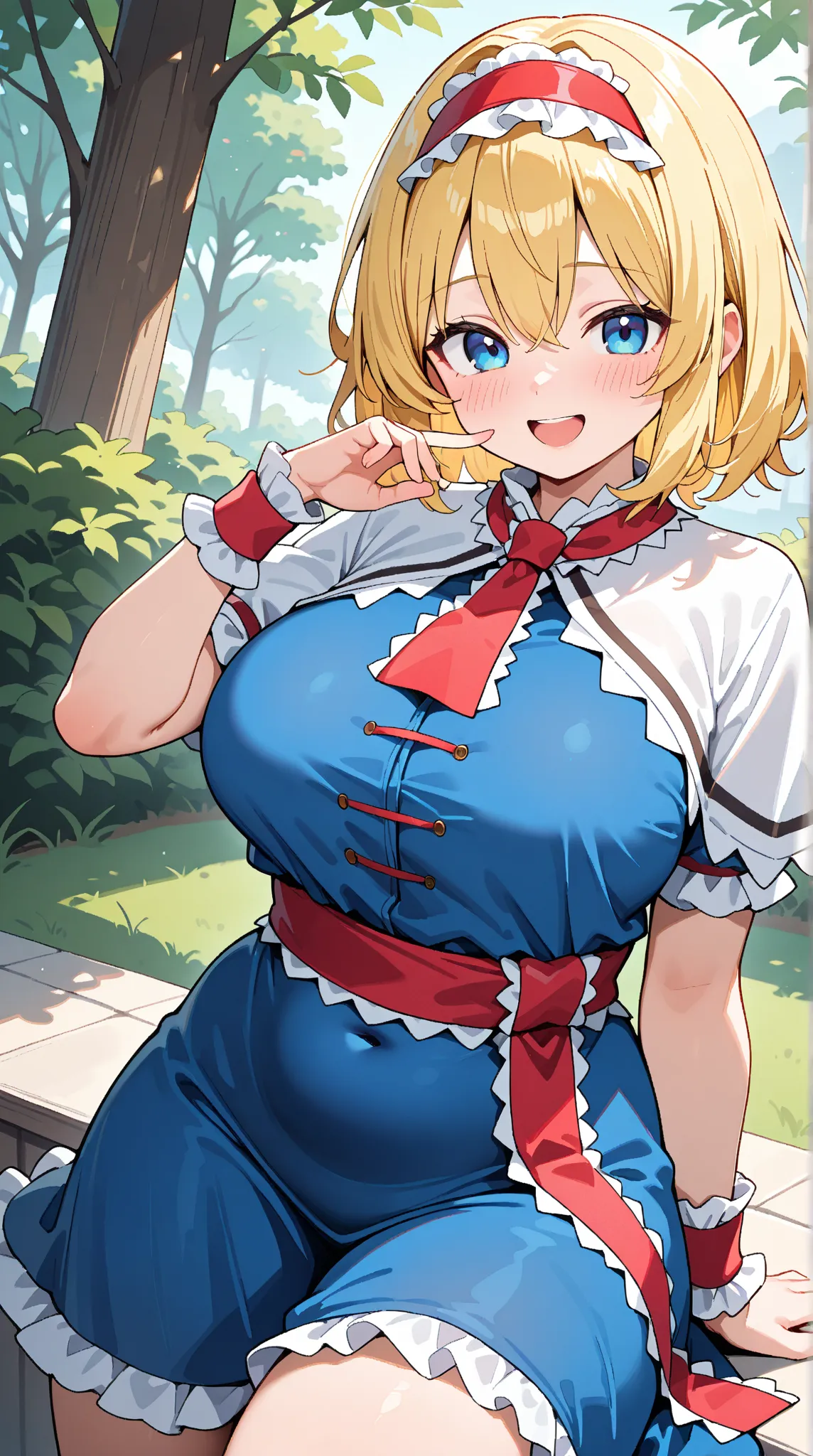 alice margatroid, 1girl, solo, looking at viewer, blush, laughing, short hair, blue eyes, blonde hair, hair between eyes,large breasts, cowboy shots,short sleeves, thick thighs, outdoors, frills, necktie,  wrist cuffs, sash, blue dress,  arm support, frill...