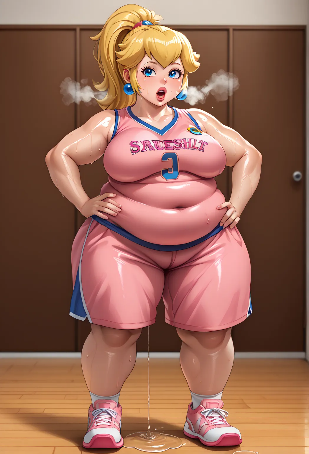 mutct, score_9, score_7_up, 1girl, princess peach, solo, , blonde hair, ponytail, jewelry, makeup, casual, cowboy shot, blue eyes, looking at the viewer, large breasts, hand on hips, pink tanktop, sweaty, pink shorts, sweating profusely, open mouth, exhaus...