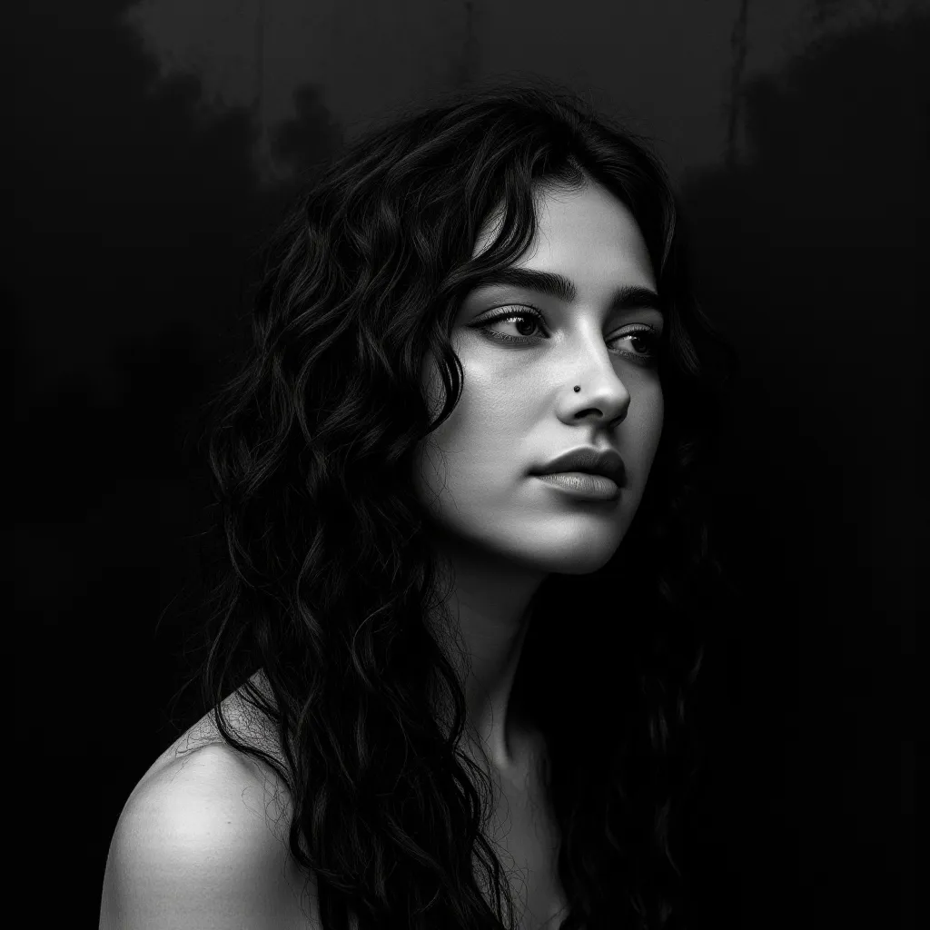 Cinematic photography, eye-level view of a young woman with long, disheveled black curly hair cascading over her bare shoulders. Her skin is pale, contrasting sharply with the dark, matte background that resembles a surface covered in black soot. She gazes...