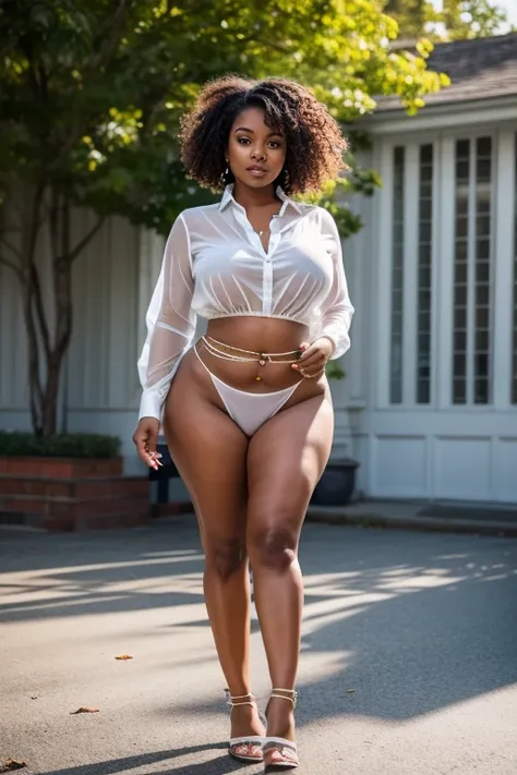   full body image of a black woman, voluptuous legs,  big hips , narrow waist,  thin waist,  small and firm breasts  ,  curly hair,  eyes,  full lips, thin nose,  slender build.  Wear only a translucent white blouse ,  no pants or skirts or shoes .