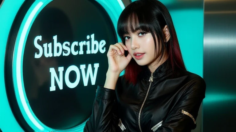 young korean woman with straight, black hair that has a hint of red at the ends. She is wearing a stylish black outfit with a futuristic design, holding a sign 'Subscribe now' which includes metallic accents and a zipper detail. Her pose is slightly tilted...