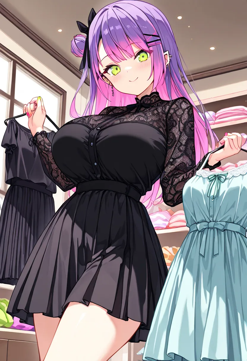 (highest quality , 8k , masterpiece , incredibly absurdres , perfect body , super detailed skin , highly detailed eyes and face , 1 woman ) , tokoyami towa , purple Hair , Green eyes , smile ,  will be happy , ( Lace blouse, tulle skirt , clothes shop : 1....