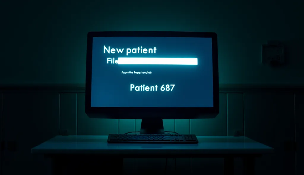 A modern hospital computer screen displaying a new patient file. The name field is blank, and at the bottom, a fresh entry reads ‘Patient 667’. The screen glows ominously in a dark room, the only source of light. Realistic photo, -ar 16:9