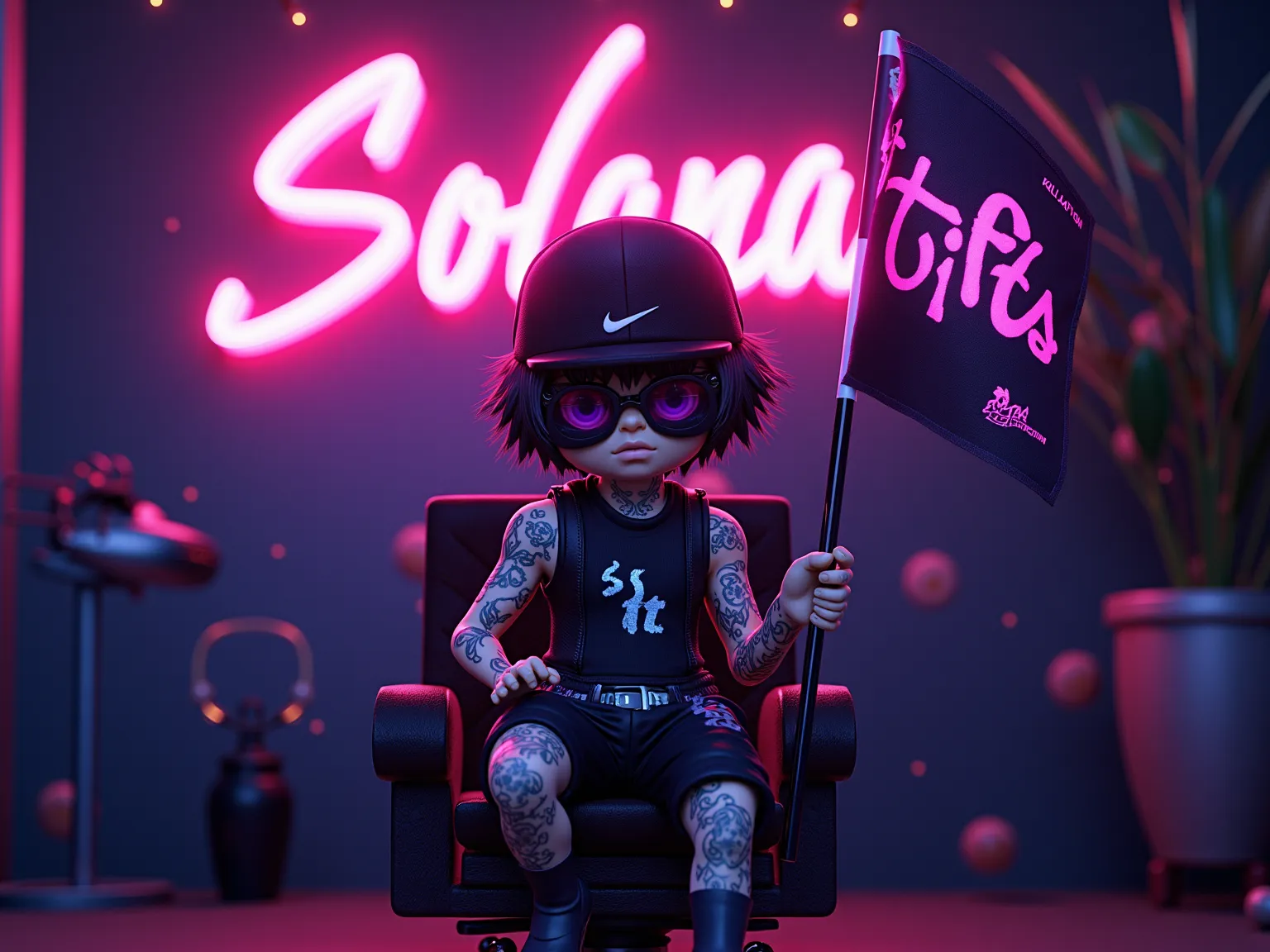 In pixel art style made A small anime character with tattoos  with sunglasses and with black nike hat and Adidas dresscode sitting on a chair   holding flag with   inscription  "
$ TIFF
" and near a logo of SOLANA crypto in a catchy font  ultra-detailed, 8...