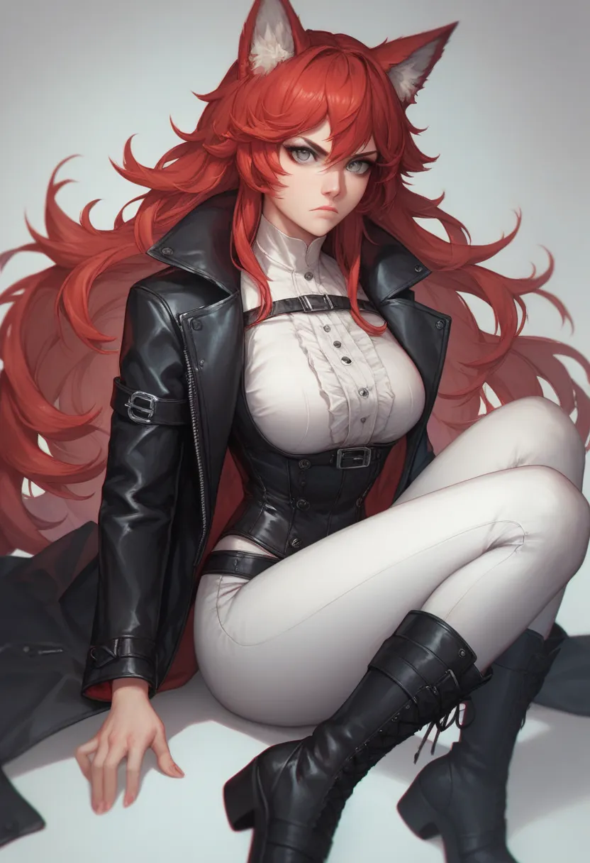 Masterpiece, best quality, high quality, highest quality, extremely detailed, 1woman, adult woman, solo, fair skin, sharp eyes, vibrant red wolf ears with white fluff, grey eyes, closed mouth, red hair, long hair, black leather coat, white pants, boots, lo...